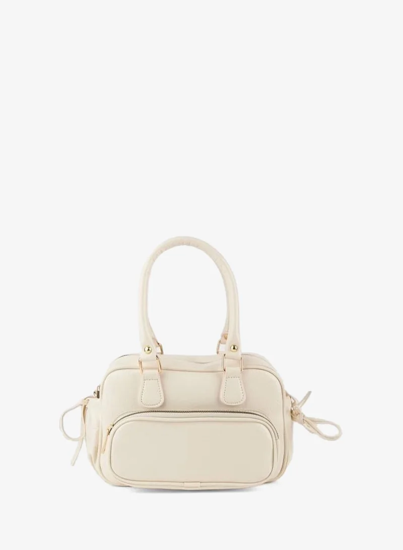 Women's Mila Cream Crinkled Shiny Synthetic Leather Zipper Closure Strap Hand, Wrist and Shoulder Bag.