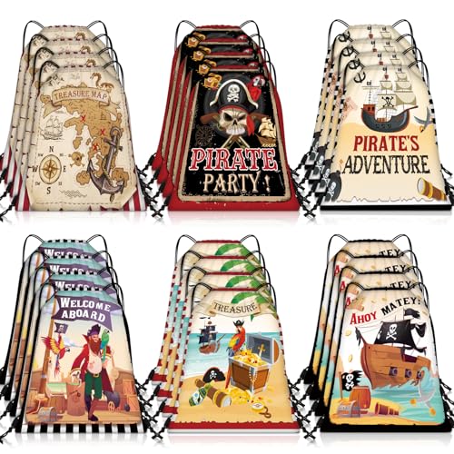 Abbylike 24 Pirate Party Favor Bags Pirate Drawstring Bag Pirate Goodie Bags Treasure Map Polyester Drawstring Backpack for Halloween Cosplay Pirate Birthday Party Adventure Supplies - Image 1