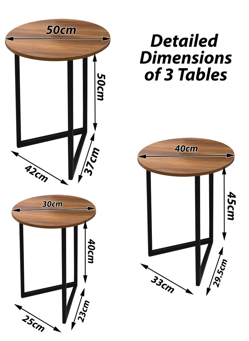 DBLEW - 3 Pieces Round Nesting Side Table Set Minimalist Coffee Tables Wood Top Accent Tables Industrial End Tables For Home Office Living Room Hall And Small Spaces Sofa Centre Teapoy Table Dark Walnut - Image 1