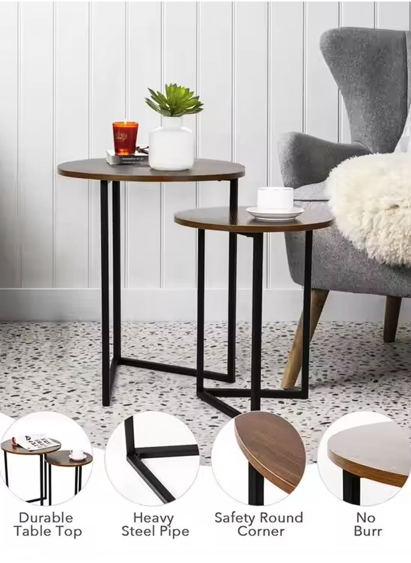DBLEW - 3 Pieces Round Nesting Side Table Set Minimalist Coffee Tables Wood Top Accent Tables Industrial End Tables For Home Office Living Room Hall And Small Spaces Sofa Centre Teapoy Table Dark Walnut - Image 1