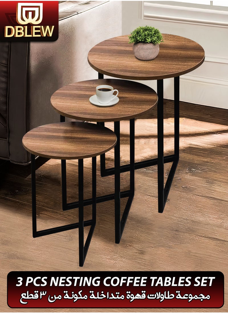 DBLEW - 3 Pieces Round Nesting Side Table Set Minimalist Coffee Tables Wood Top Accent Tables Industrial End Tables For Home Office Living Room Hall And Small Spaces Sofa Centre Teapoy Table Dark Walnut - Image 1