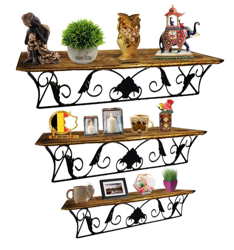SHAPAR GOODS Wood and Iron Modern 3 Piece Shelf SetWooden Wall Shelf 3 Piece Sizes Large Shelf 41 16 9 CM Medium Shelf 38 10 9 CM Small Shelf 33 75 9 CMP - Image 1
