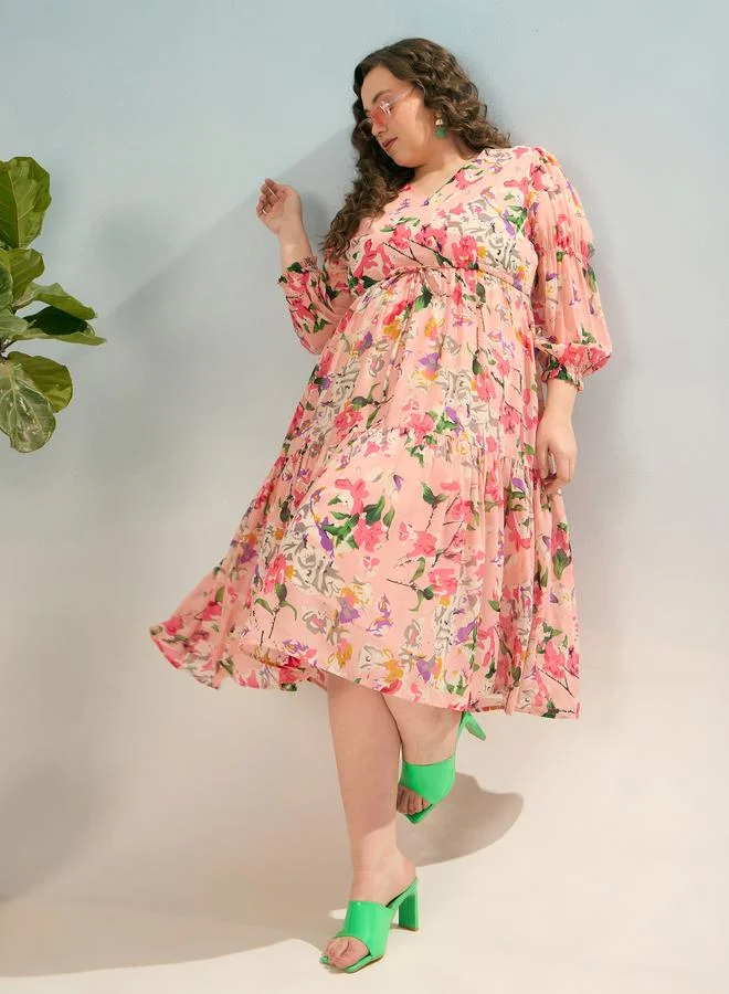 SASSAFRAS Sassafras Plus V Neck Midi Dress with Floral Print