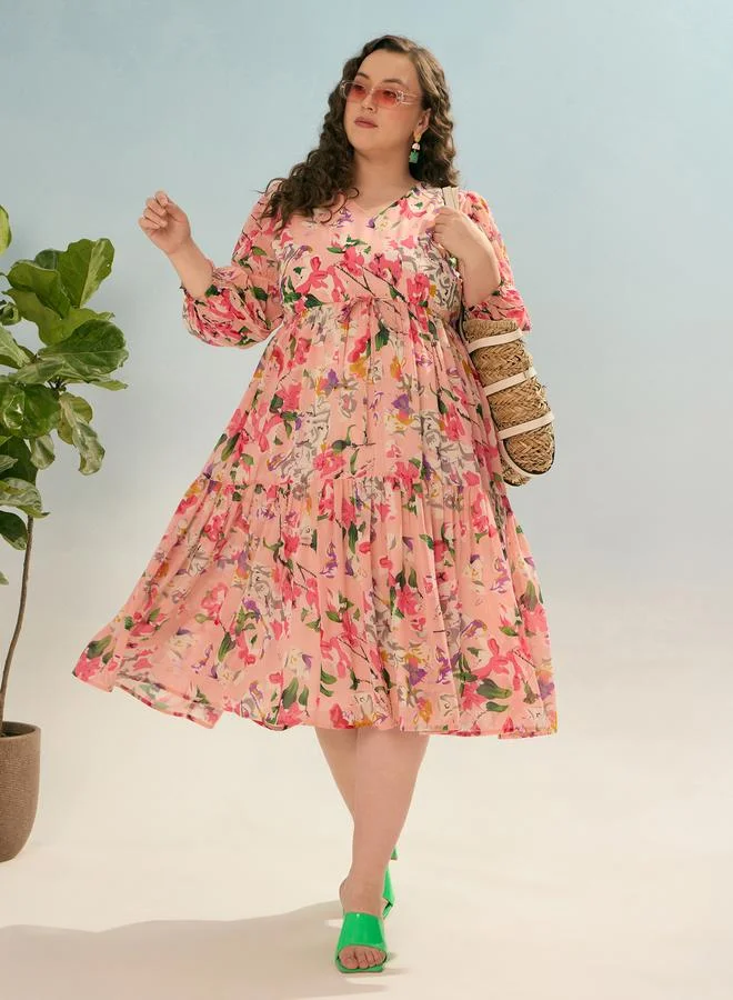 SASSAFRAS Sassafras Plus V Neck Midi Dress with Floral Print