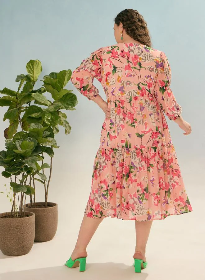SASSAFRAS Plus V Neck Midi Dress with Floral Print