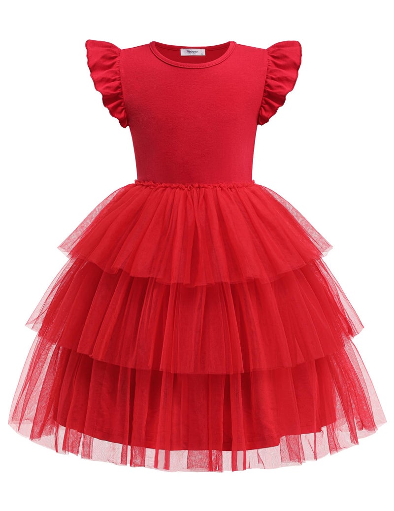 Arshiner Girl Dresses Toddler Flutter Tutu Dress Formal Red Valentine Christmas Birthday Party Sundress 5-6 Years - Image 1