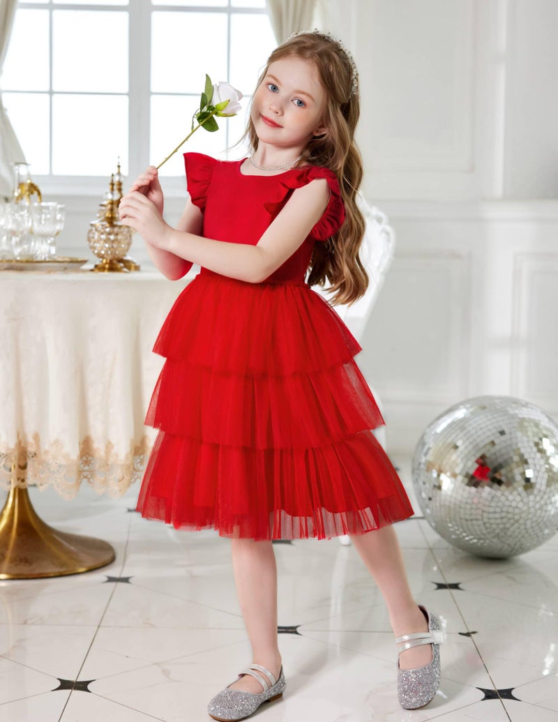 Arshiner Girl Dresses Toddler Flutter Tutu Dress Formal Red Valentine Christmas Birthday Party Sundress 5-6 Years - Image 5