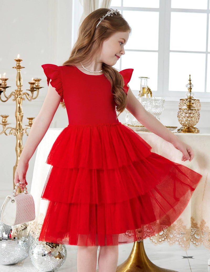 Arshiner Girl Dresses Toddler Flutter Tutu Dress Formal Red Valentine Christmas Birthday Party Sundress 5-6 Years - Image 2