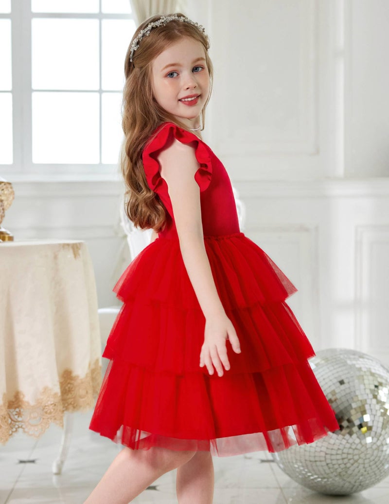 Arshiner Girl Dresses Toddler Flutter Tutu Dress Formal Red Valentine Christmas Birthday Party Sundress 5-6 Years - Image 3