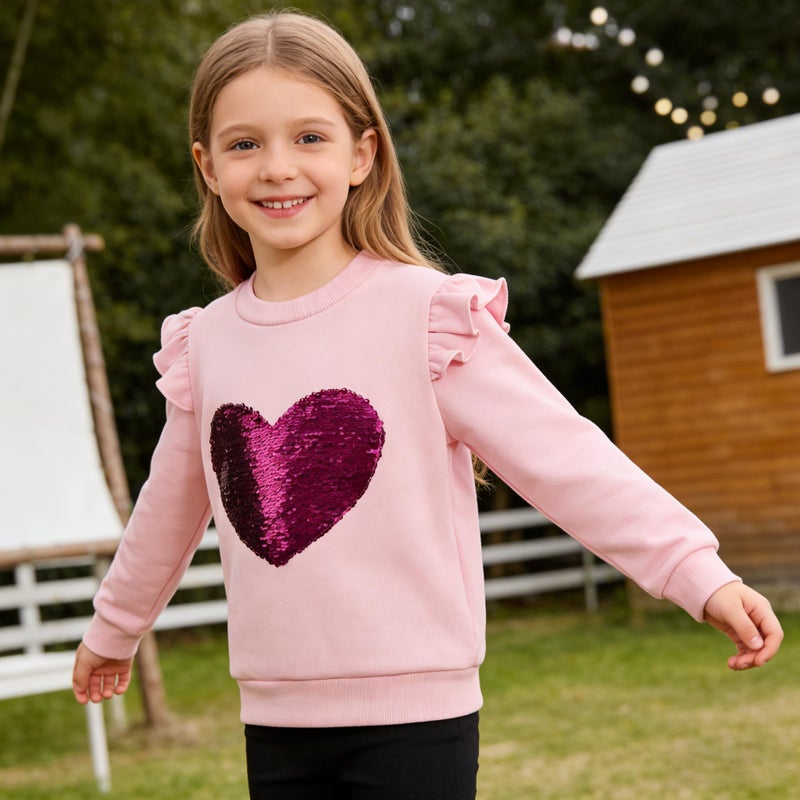 RETSUGO Girls Heart Shirts Toddler Girls Sweatshirts Heart Clothes Sweater Girl Sequin Shirt Kids Pullover Long Sleeve Ruffle Sleeve Baby Girls Pink Valentines Top 3t/8207 - Image 4