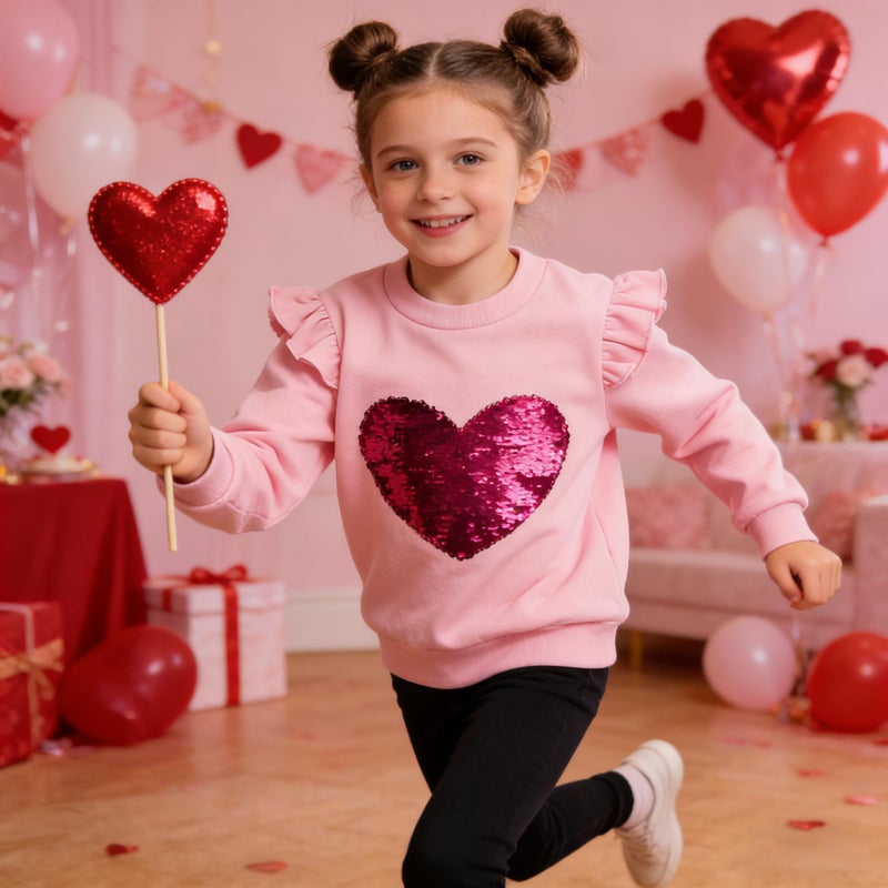 RETSUGO Girls Heart Shirts Toddler Girls Sweatshirts Heart Clothes Sweater Girl Sequin Shirt Kids Pullover Long Sleeve Ruffle Sleeve Baby Girls Pink Valentines Top 3t/8207 - Image 3