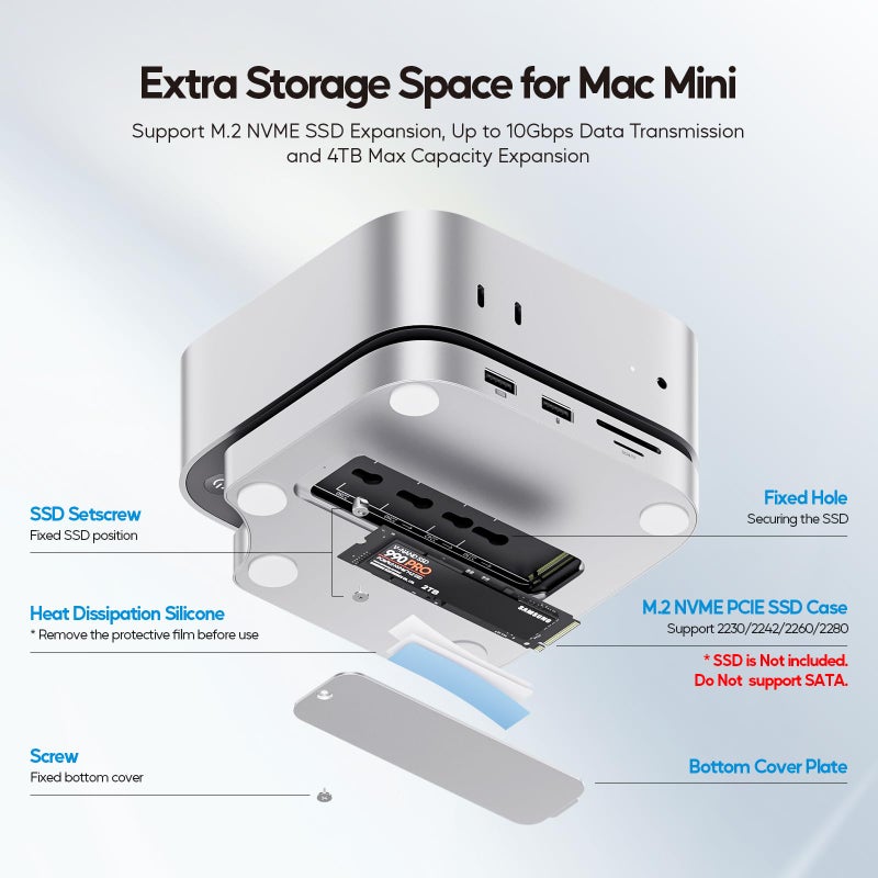 PULWTOP Mac mini M4 Dock with 4TB M.2 SSD Enclosure (SSD NOT Included), Mac mini M4/ M4 Pro Hub Stand with HDMI 4K@60Hz, 2024 MacMini USB C Hub Accessories, 3 USB A 2.0, SD/TF, 3.5mm Audio - Image 5