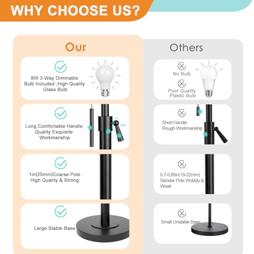 Qingmiao Adjustable Height Floor Lamp for Living Room, Black Standing Lamp for Bedroom Office, Modern Tall Lamp with Linen Shade, 3-Way Dimmable 8W 3000K LED Blub Included (Black) - Image 5