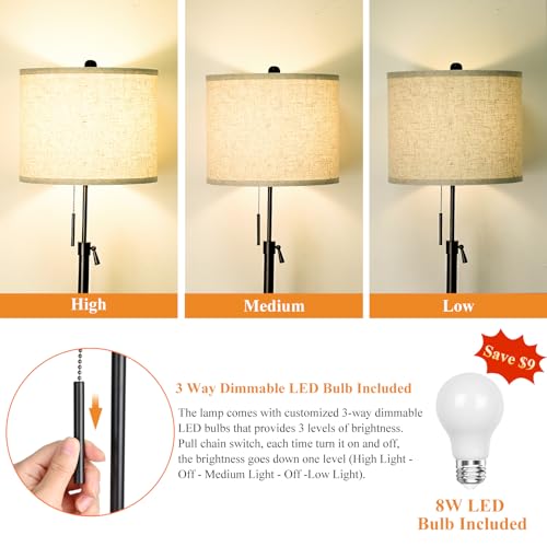 Qingmiao Adjustable Height Floor Lamp for Living Room, Black Standing Lamp for Bedroom Office, Modern Tall Lamp with Linen Shade, 3-Way Dimmable 8W 3000K LED Blub Included (Black) - Image 3