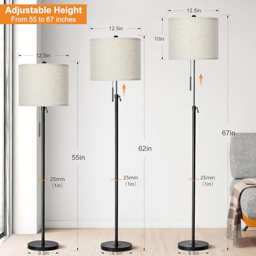 Qingmiao Adjustable Height Floor Lamp for Living Room, Black Standing Lamp for Bedroom Office, Modern Tall Lamp with Linen Shade, 3-Way Dimmable 8W 3000K LED Blub Included (Black) - Image 2