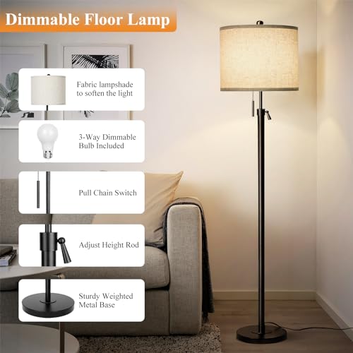 Qingmiao Adjustable Height Floor Lamp for Living Room, Black Standing Lamp for Bedroom Office, Modern Tall Lamp with Linen Shade, 3-Way Dimmable 8W 3000K LED Blub Included (Black) - Image 4