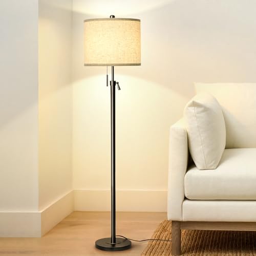 Qingmiao Adjustable Height Floor Lamp for Living Room, Black Standing Lamp for Bedroom Office, Modern Tall Lamp with Linen Shade, 3-Way Dimmable 8W 3000K LED Blub Included (Black) - Image 1