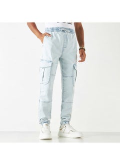 Lee Cooper Solid Denim Joggers with Pockets and Drawstring Closure