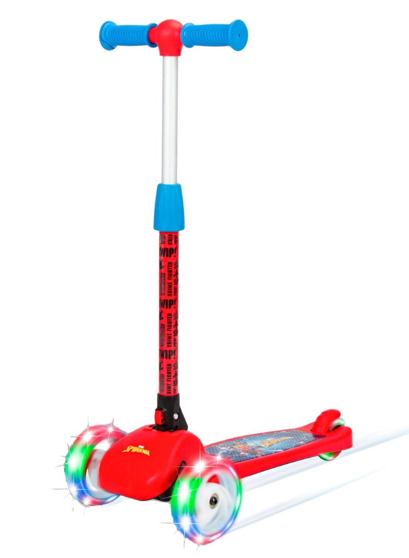 Spartan | Marvel Spiderman 3-Wheel Kick Scooter for Kids LED Light-Up Wheels, Adjustable Handlebar, Foldable Frame, Anti-Slip Deck, Rear Brake, Superhero Graphics Ages 36 Red/Blue (SP-7052) | Red/Blue - Image 1