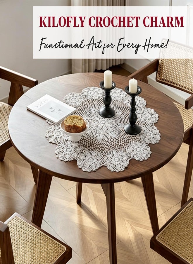 kilofly Handmade Crochet Cotton Lace Table Sofa Doily, Waterlily, Beige, 30 inch - Image 5