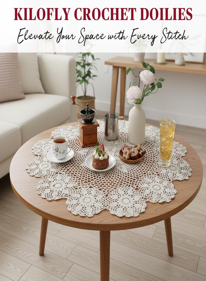 kilofly Handmade Crochet Cotton Lace Table Sofa Doily, Waterlily, Beige, 30 inch - Image 4