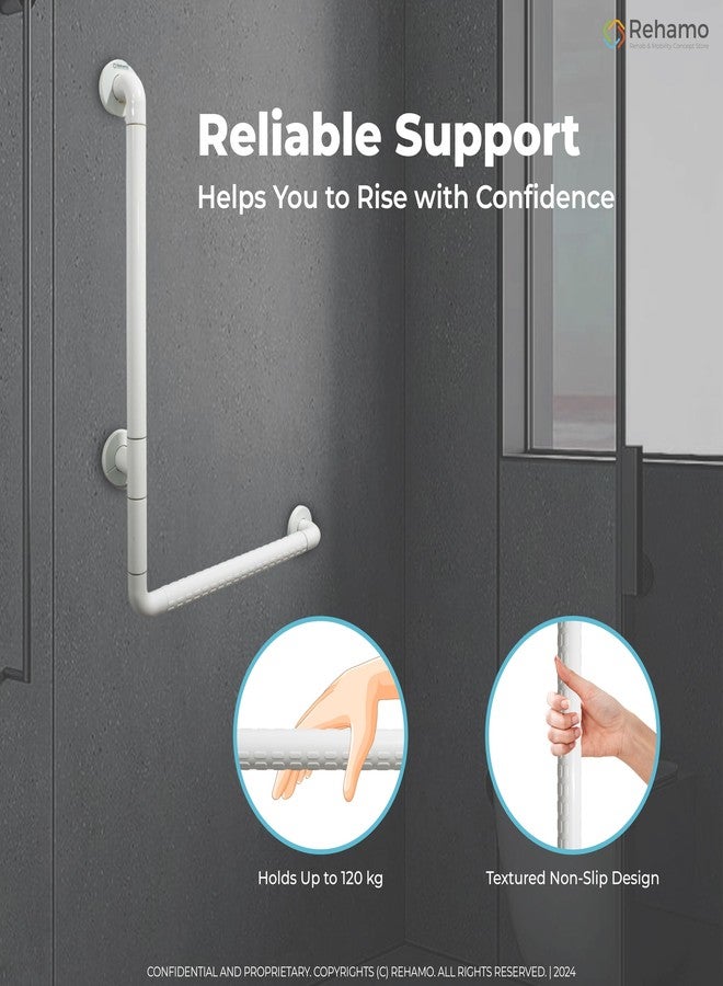 Rehamo Grabsy ASA 90° L-Shaped Grab Bar for Bathroom Safety | 50x70cm Anti-Slip Nylon Grip Toilet Support Handle for Elderly | Wall-Mounted Stainless Steel 3-Point Back Support Rail, 1 Year Warranty - Image 5