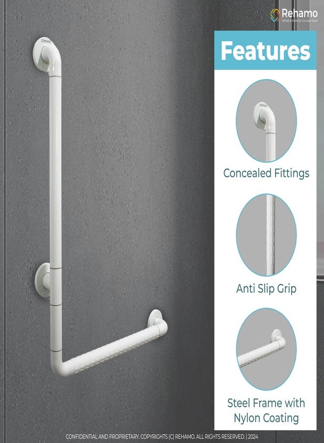 Rehamo Grabsy ASA 90° L-Shaped Grab Bar for Bathroom Safety | 50x70cm Anti-Slip Nylon Grip Toilet Support Handle for Elderly | Wall-Mounted Stainless Steel 3-Point Back Support Rail, 1 Year Warranty - Image 4
