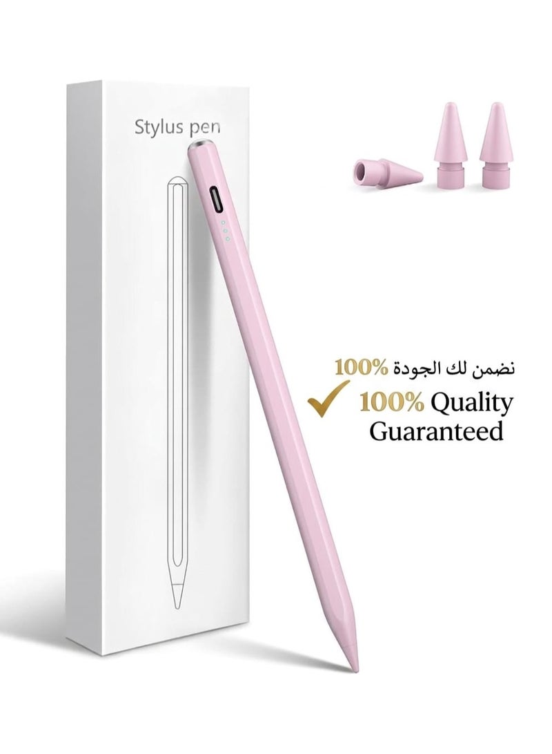 قلم ايباد ستايلس ذكي (Stylus Pen) متوافق مع جميع أجهزة iPad من 2018 حتى 2026 – يدعم الجيل 11 والحادي عشر وiPad A16 والجيل العاشر والتاسع والثامن والسابع والسادس وiPad Pro وiPad Air وiPad Mini – بخاصية رفض راحة اليد (Palm Rejection) وكتابة دقيقة وسلسة – شحن سريع USB-C خلال 13 دقيقة – بطارية تدوم حتى 14 ساعة – يشمل 2 رؤوس إضافية –لون القلم وردي-يعمل فقط مع الايباد وغير متوافق مع أجهزة أندرويد