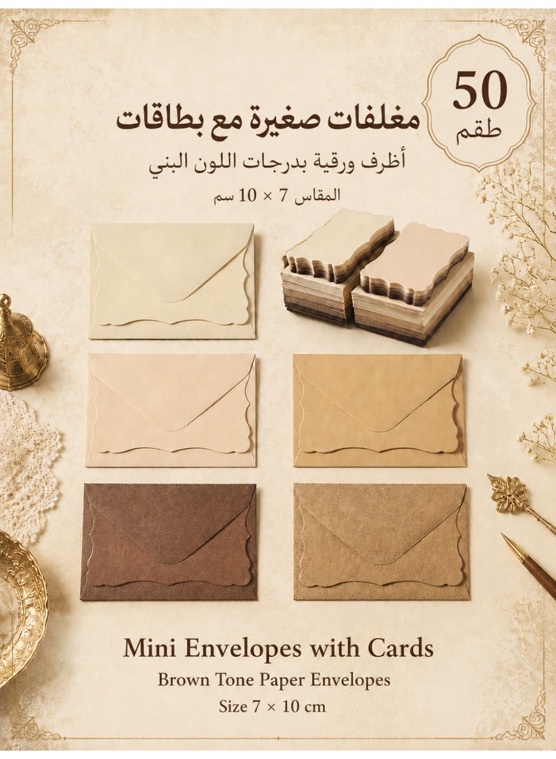 50 طقم مغلفات صغيرة مع بطاقات فارغة، أظرف ورقية مقاس 7 × 10 سم، أظرف بنية لبطاقات الهدايا وبطاقات الشكر والعيدية ورمضان والزفاف، أظرف المكتب وتغليف المتاجر الصغيرة، بني - Image 1