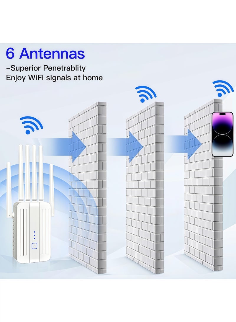 1200Mbps Dual Band 2.4GHz/5GHz Wirelss WiFi Extender, Signal Booster with 6 Antennas, Wireless WiFi Repeater with Ethernet Port, More Devices, Internet Extender WiFi Booster for Home, 360° Full Coverage, White - Image 3