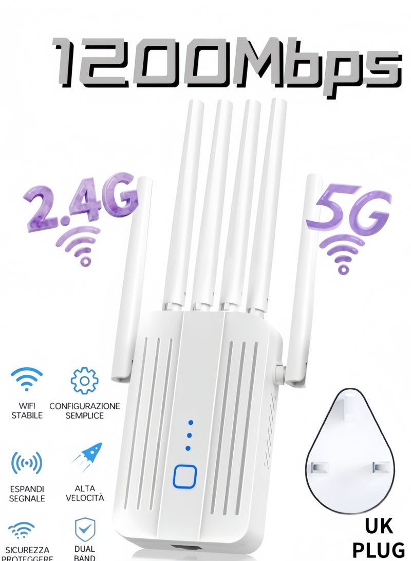 1200Mbps Dual Band 2.4GHz/5GHz Wirelss WiFi Extender, Signal Booster with 6 Antennas, Wireless WiFi Repeater with Ethernet Port, More Devices, Internet Extender WiFi Booster for Home, 360° Full Coverage, White - Image 1