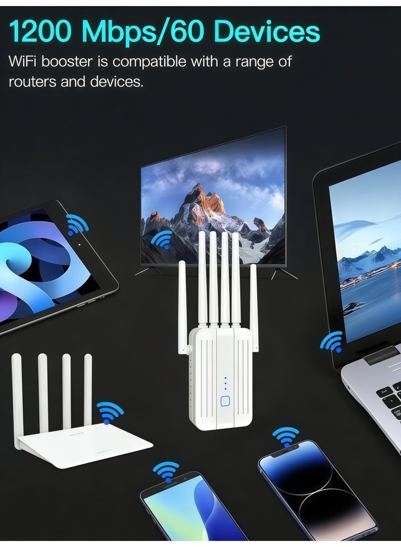 1200Mbps Dual Band 2.4GHz/5GHz Wirelss WiFi Extender, Signal Booster with 6 Antennas, Wireless WiFi Repeater with Ethernet Port, More Devices, Internet Extender WiFi Booster for Home, 360° Full Coverage, White - Image 2