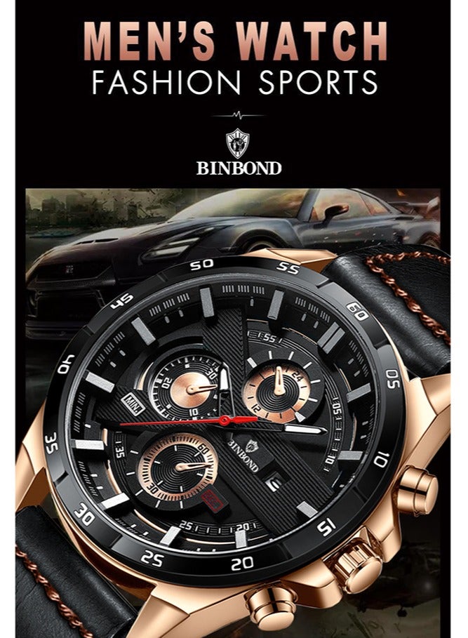 بينبوند ساعة رجالية كوارتز جلد فاخر مقاوم للماء ساعة كرونوغراف - Image 1