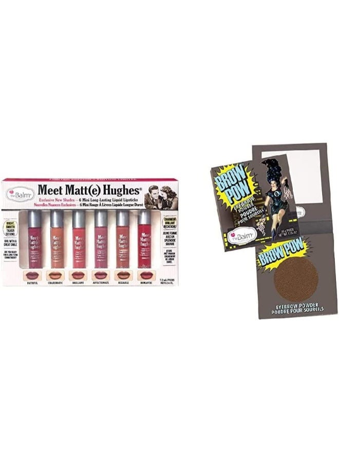 theBalm مجموعة من أحمر الشفاه السائل غير اللامع طويل الأمد بحجم صغير، 2 عبوة من بودرة الحواجب باللون البني - Image 1