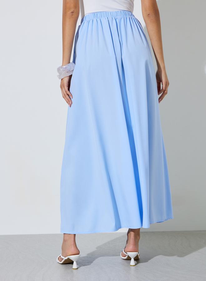 Styli Blue Solid Tie-Waist A-Line Maxi Skirt - Image 4