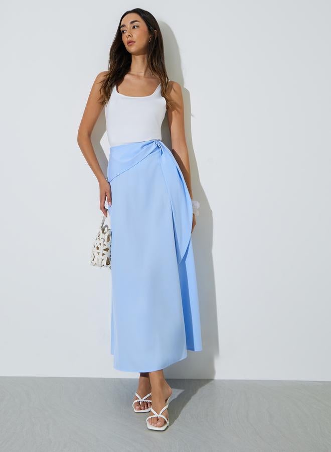 Styli Blue Solid Tie-Waist A-Line Maxi Skirt - Image 1