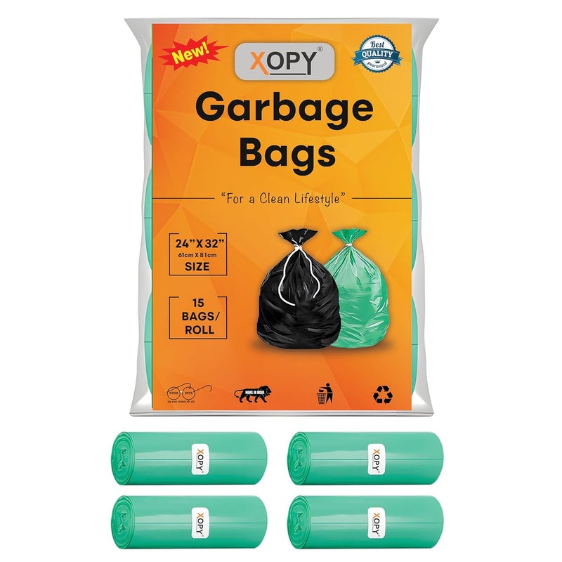 XOPY XOPY Premium EcoFriendly Garbage Bag 24 X 32 Inches Large Size Dustbin Bag Pack of 4 Rolls 45 Trash Bags Green Colour Waste Bag For Everyday Use Bin Bag For Dry Wet Waste Pouch Packing  - Image 1