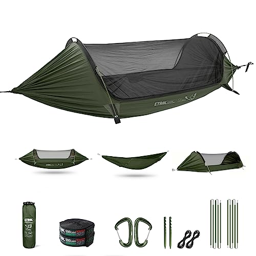 ETROL Camping Hammock with Mosquito Net3 in 1 Function Parachute Portable HammockDouble Single Hammocks Tent for Travel Outdoor Indoor Hiking Patio with Tree StrapsCarabinersAluminium Poles - Image 1