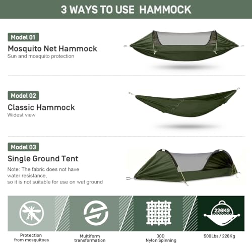 ETROL Camping Hammock with Mosquito Net3 in 1 Function Parachute Portable HammockDouble Single Hammocks Tent for Travel Outdoor Indoor Hiking Patio with Tree StrapsCarabinersAluminium Poles - Image 3