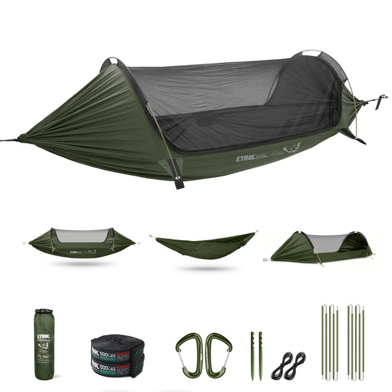ETROL Camping Hammock with Mosquito Net3 in 1 Function Parachute Portable HammockDouble Single Hammocks Tent for Travel Outdoor Indoor Hiking Patio with Tree StrapsCarabinersAluminium Poles - Image 2