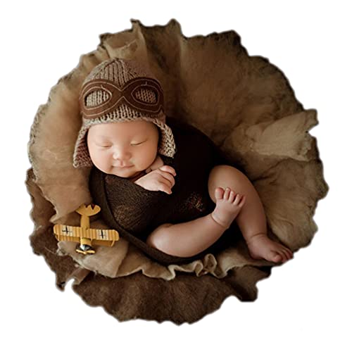 Vedory Baby Photography Props Wraps, Pilot Hats with Blanket For Boys Girls Newborn Baby Photoshoot Outfits Hat Blanket Set (Brown) - Image 1