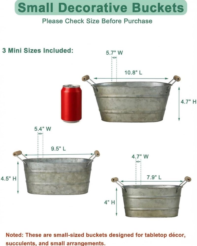 vensovo Galvanized Metal Oval Planter Buckets with Handles â€“ Set of 3 Rustic Farmhouse Flower Tubs with Drain Holes & Plugs, Vintage Small Pots for Herbs, Succulents, Wedding or Tabletop Decor - Image 3