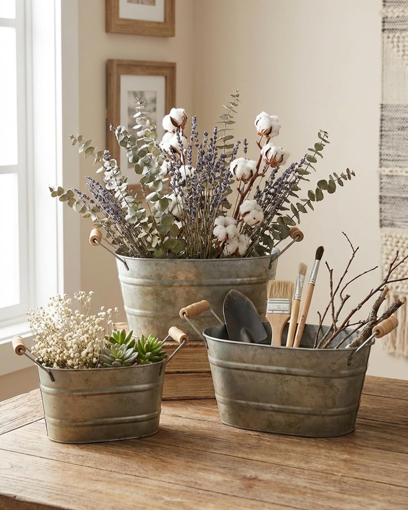vensovo Galvanized Metal Oval Planter Buckets with Handles â€“ Set of 3 Rustic Farmhouse Flower Tubs with Drain Holes & Plugs, Vintage Small Pots for Herbs, Succulents, Wedding or Tabletop Decor - Image 2