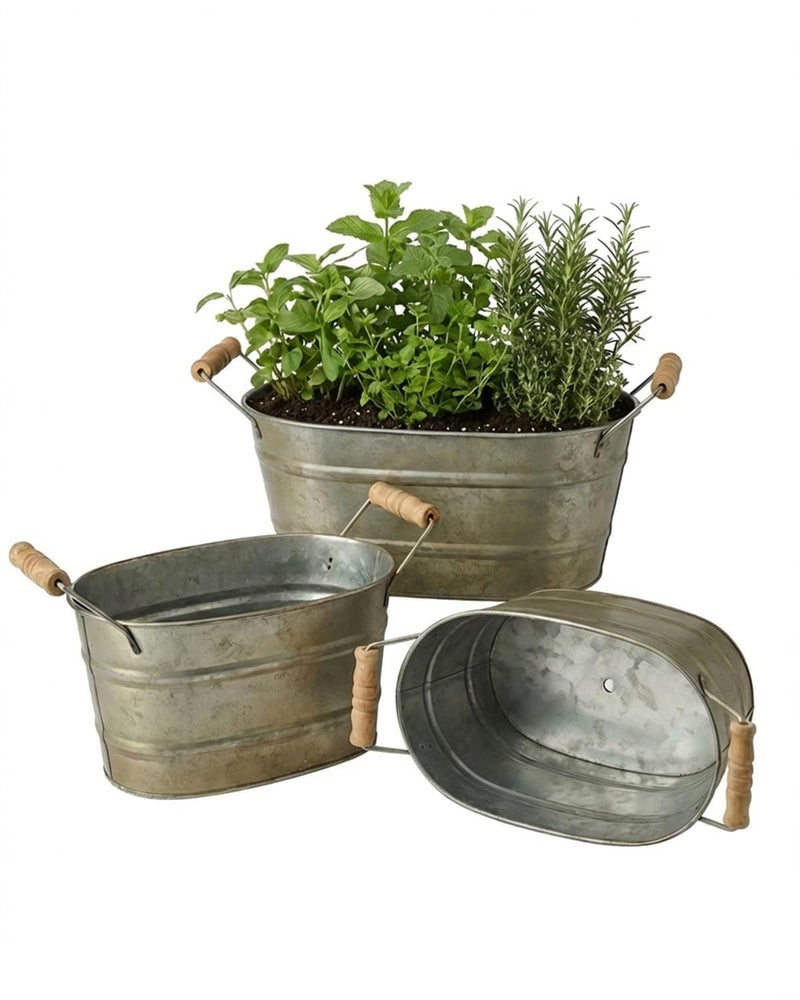 vensovo Galvanized Metal Oval Planter Buckets with Handles â€“ Set of 3 Rustic Farmhouse Flower Tubs with Drain Holes & Plugs, Vintage Small Pots for Herbs, Succulents, Wedding or Tabletop Decor - Image 1