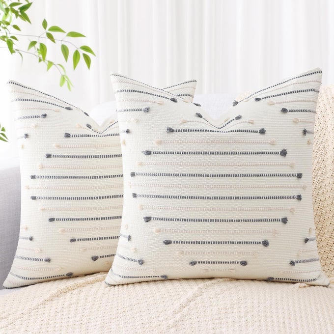 BOHO OUTDOOR THROW PILLOW COVERS 18X18 SET OF 2 FARMHOUSE DECORATIVE SUMMER PILLOW COVERS FOR COUCH SOFA LIVING ROOM BEIGE GREY