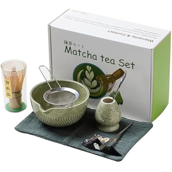 Tazweeq Matcha Set Matcha Whisk Set Includes Matcha Bowl With Spout Matcha Whisk Scoop Sifter Tea Towel Chasen Holder Matcha Chawan For Matcha PowderSaladFruitSoupTea Matcha Green  7Pcs - Image 1