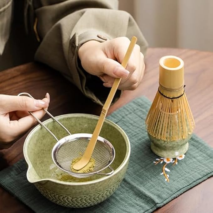 Tazweeq Matcha Set Matcha Whisk Set Includes Matcha Bowl With Spout Matcha Whisk Scoop Sifter Tea Towel Chasen Holder Matcha Chawan For Matcha PowderSaladFruitSoupTea Matcha Green  7Pcs - Image 2