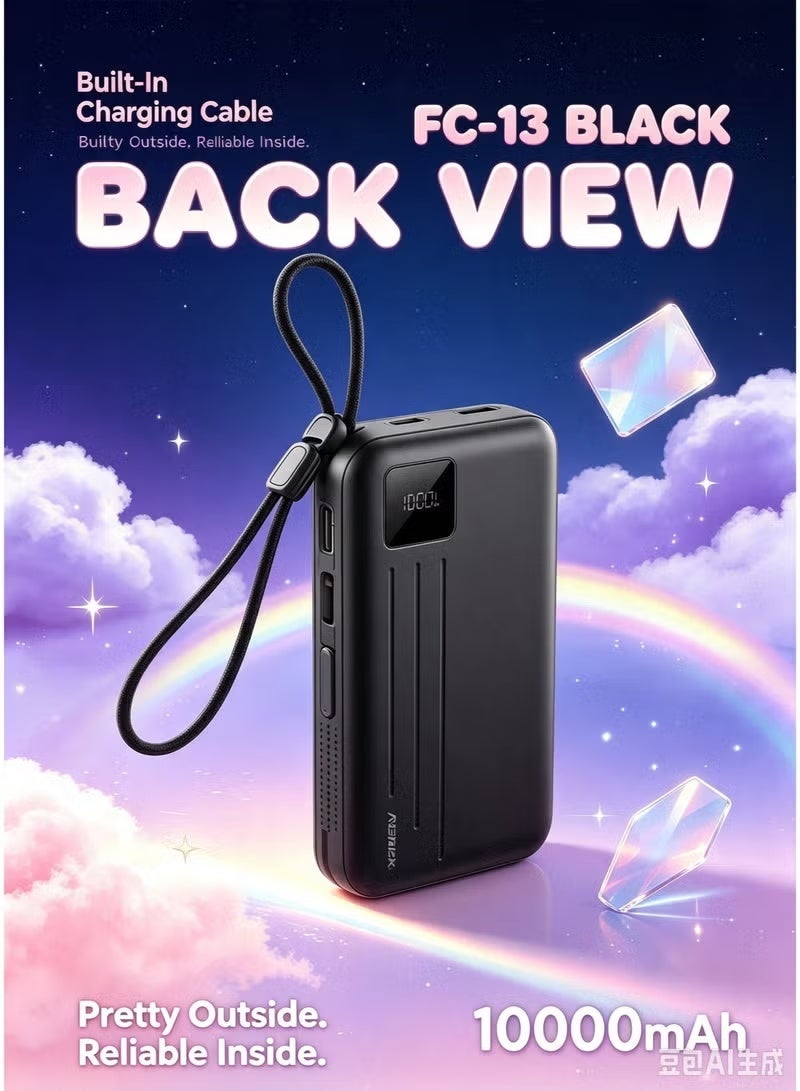 REMAX FC-13 10000mAh Power Bank 22.5W Fast Charging Portable Battery Charger with Built-in Type-C and Lightning Cables, Compact External Battery Pack for Smartphones and Devices, Black - Image 1