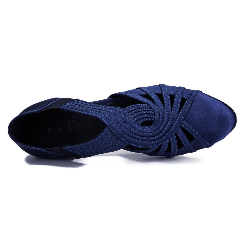 YYTing Women Swing Latin Salsa Ballroom Dance Shoes (Closed Toe, Suede Sole) YT12(9.5,Dark Blue) - Image 5