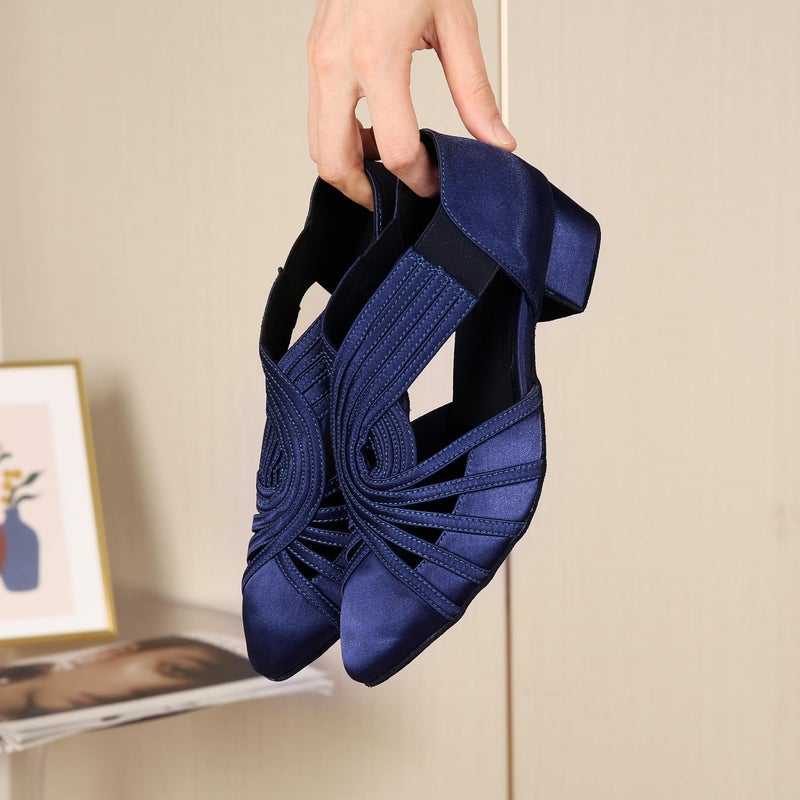 YYTing Women Swing Latin Salsa Ballroom Dance Shoes (Closed Toe, Suede Sole) YT12(9.5,Dark Blue) - Image 2